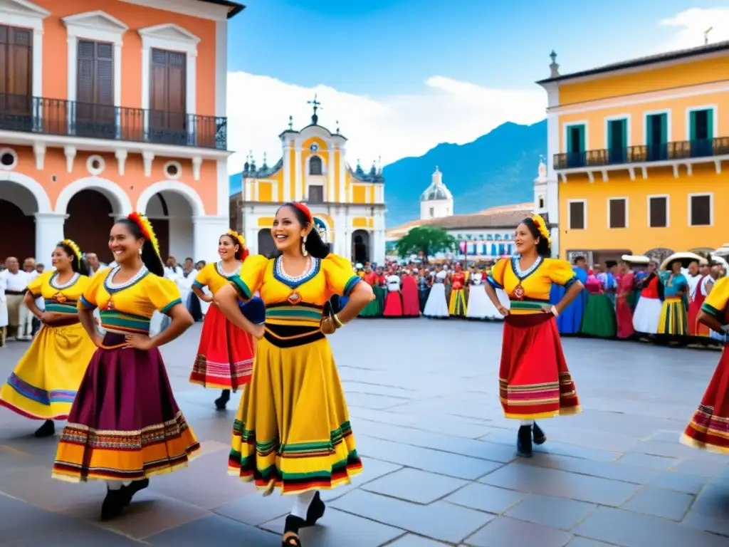 Danza tradicional Chacarera en Europa: Baile vibrante y colorido en plaza europea, con música y vestimenta tradicional, público diverso aplaudiendo