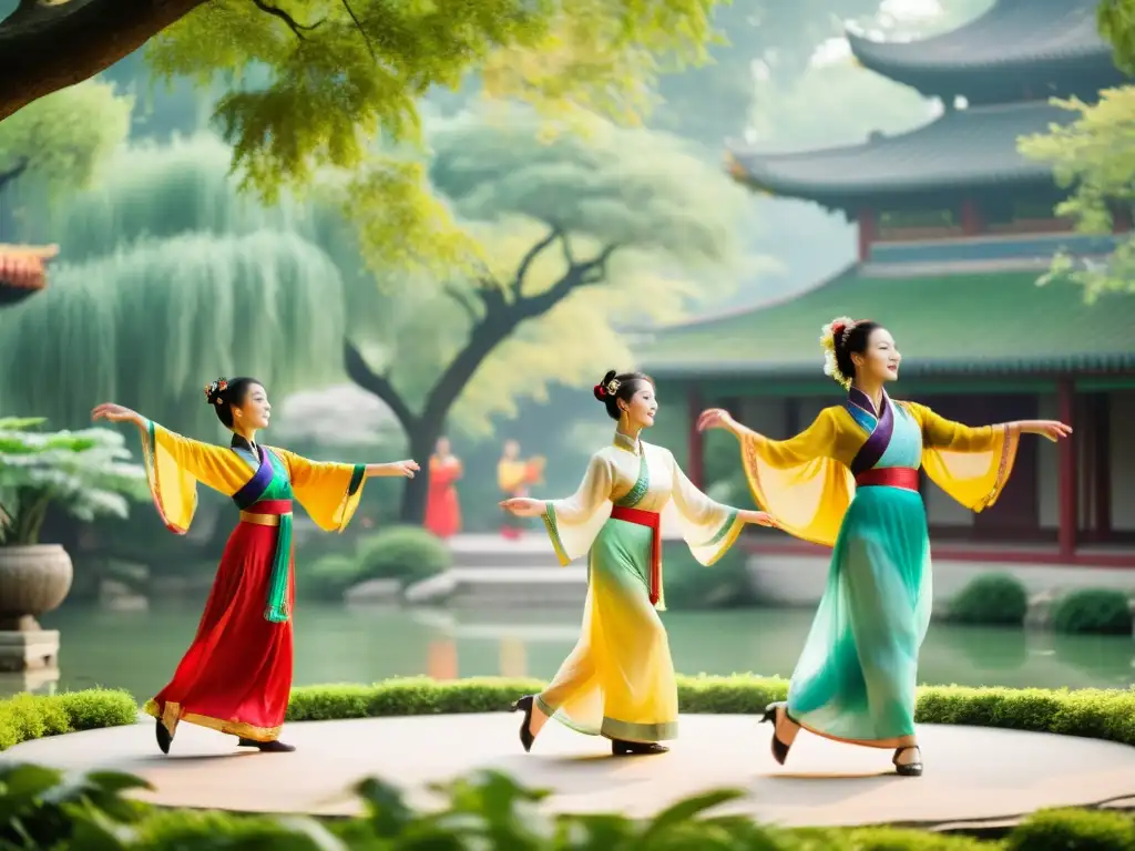 Danza tradicional china en un jardín sereno, con movimientos elegantes y trajes coloridos, rodeados de naturaleza exuberante y luz cálida