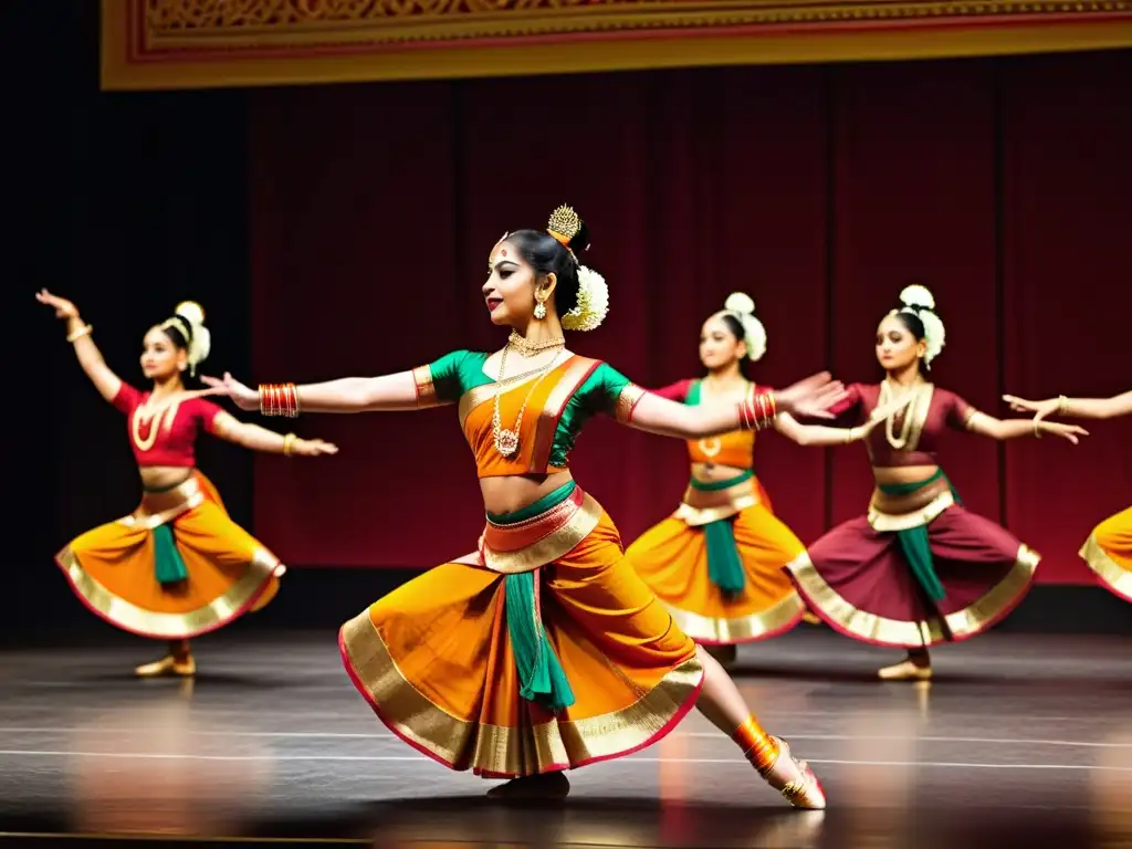 Danza tradicional en el cine indio: Representación detallada de una actuación de Bharatanatyam en Bollywood, con trajes vibrantes y gestos precisos