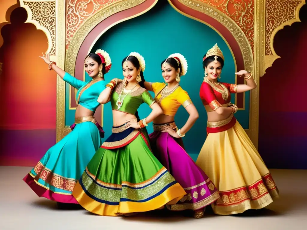 Danza tradicional en el cine indio: Grupo de bailarines de Bollywood en trajes coloridos ejecutando movimientos expresivos