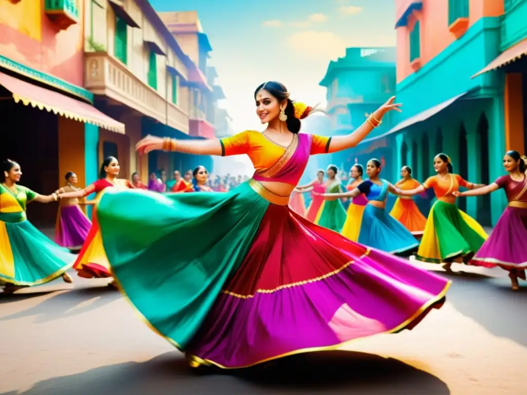 Danza tradicional en el cine indio: Grupo de bailarines con trajes coloridos ejecutan coreografía vibrante en una bulliciosa ciudad india