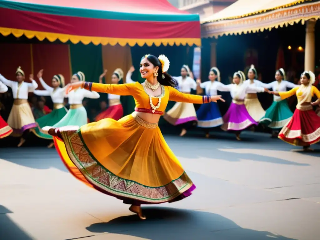 Danza tradicional en el cine indio: Actuación vibrante en un bullicioso mercado, con trajes coloridos y música tradicional