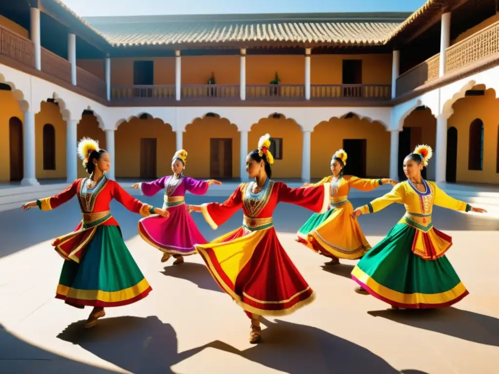 Danza tradicional clases privadas: Bailarines en trajes vibrantes realizan una coreografía elegante en un patio al aire libre, bajo la luz del sol