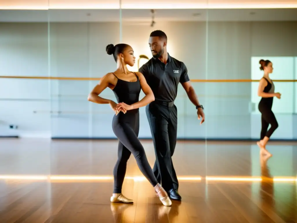 Danza tradicional clases privadas: Instructor y estudiante practican complejos movimientos en un estudio de baile bien iluminado y espacioso