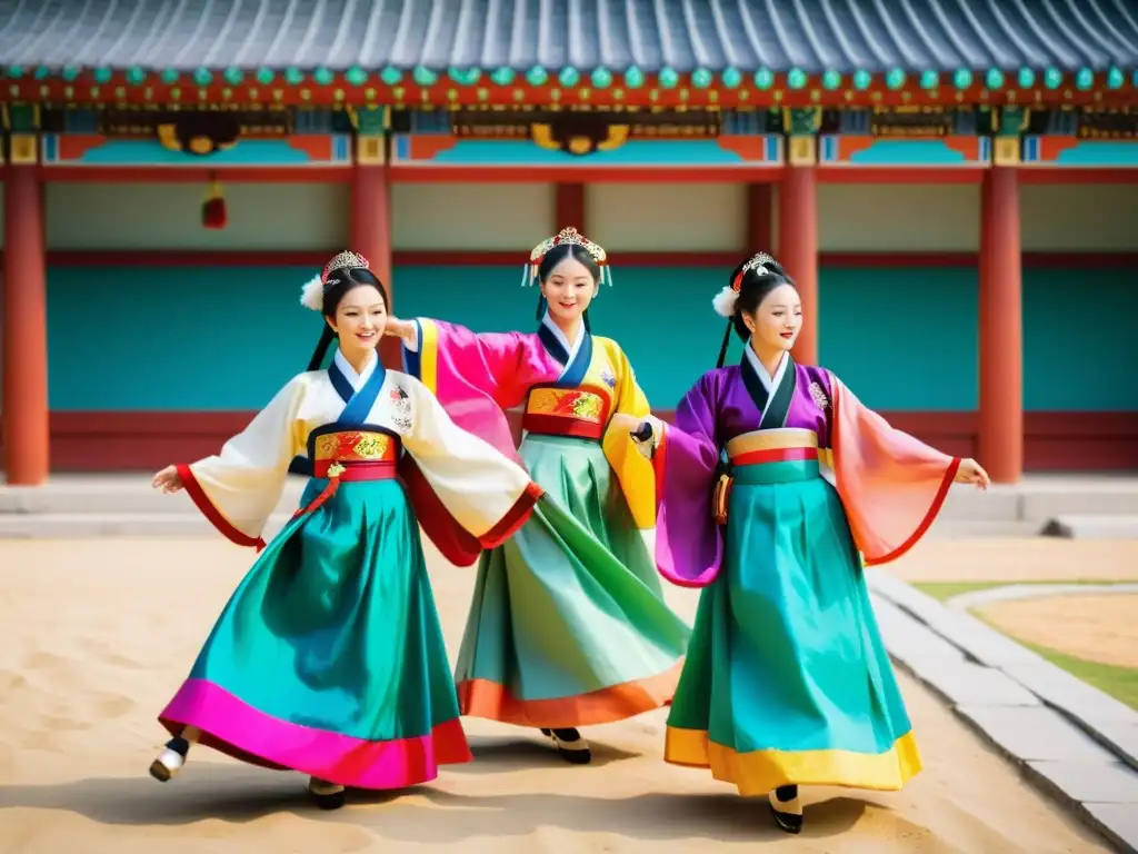 Danza de abanicos coreana: tradición y pasión en palacio Danza tradicional coreana en palacio con vestimenta hanbok colorida