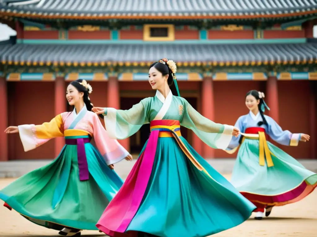 Danza tradicional Hanbok Coreana técnicas: Grupo de bailarines coreanos con trajes vibrantes, movimientos gráciles y palacio histórico de fondo