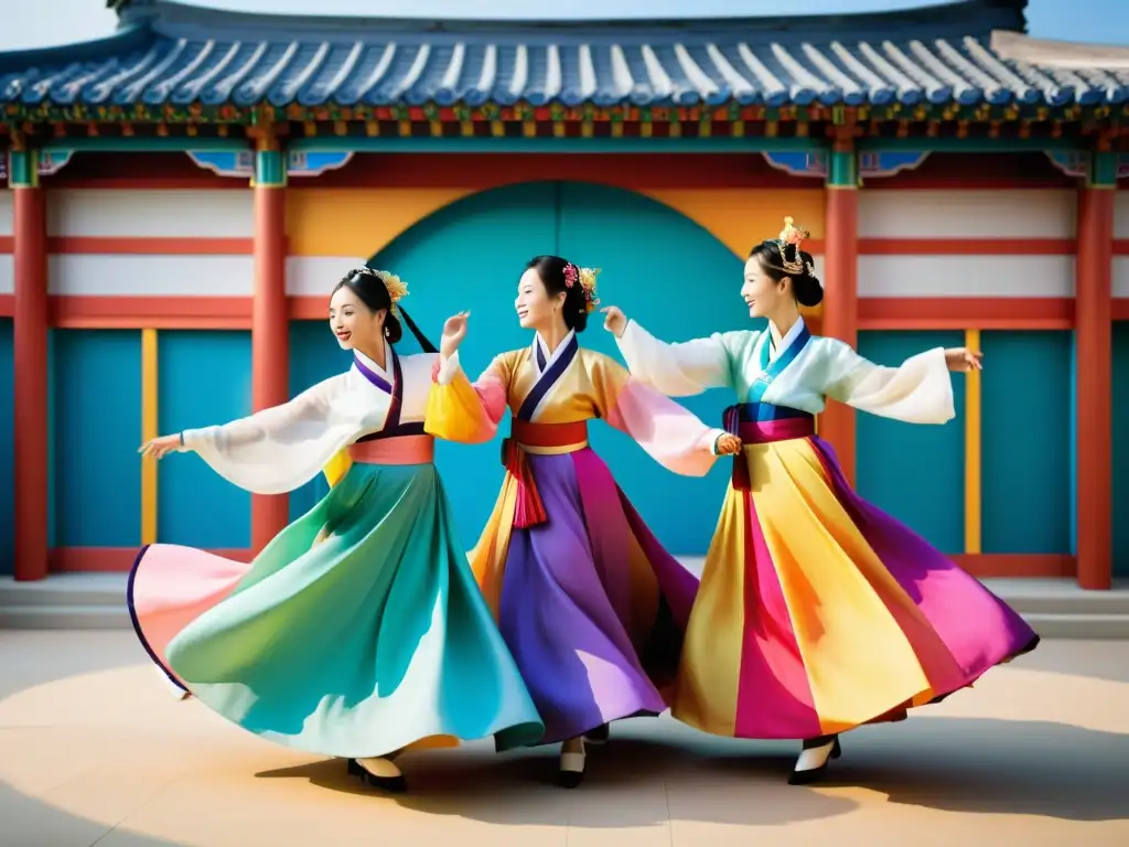 Danza tradicional Hanbok Coreana técnicas: Grupo de bailarines con trajes coloridos ejecutando movimientos llenos de gracia y energía