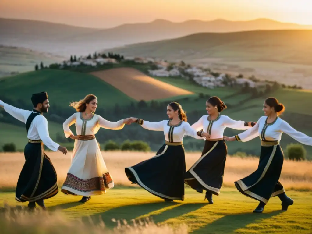 Danza tradicional Dabke del Levante Árabe: grupo bailando al atardecer, transmitiendo la rica herencia cultural con alegre expresión en sus rostros