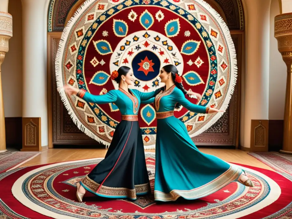 Danza tradicional de Azerbaiyán: Deslumbrante actuación de danza y música en un majestuoso salón, con trajes vibrantes y música cautivadora