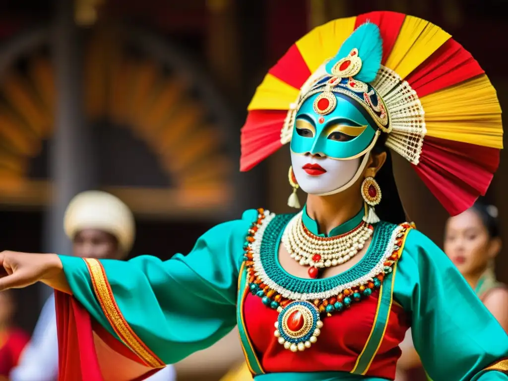 Fotografía de alta resolución de una danza tradicional con detalle en los trajes y accesorios