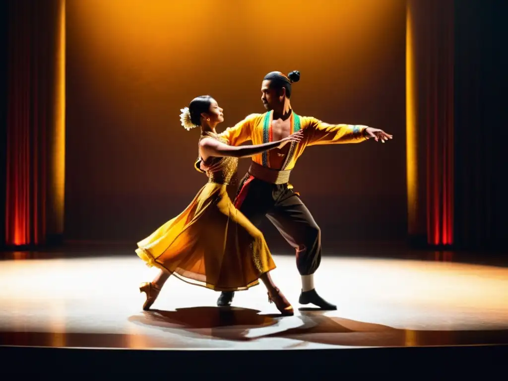 Danza tradicional en la era digital: Rendición emocionante de una actuación de baile en un teatro tenue, con trajes vibrantes y movimientos congelados