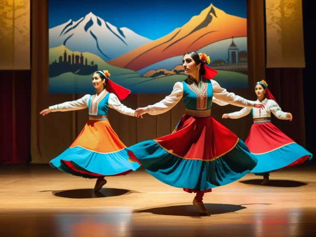 Danza tradicional armenia con duduk, expresando pasión y legado cultural en trajes coloridos, con movimientos y arquitectura armenia de fondo