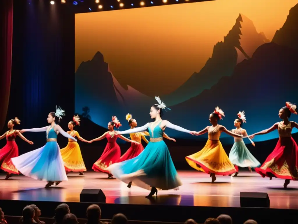 Danza tradicional en un escenario iluminado con espectadores, en un festival de danza internacional significado cultural