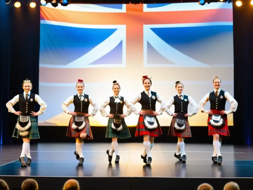 Danza tradicional escocesa Highland: Grupo de bailarines con kilts coloridos ejecutan una rutina sincronizada en un escenario, cautivando al público