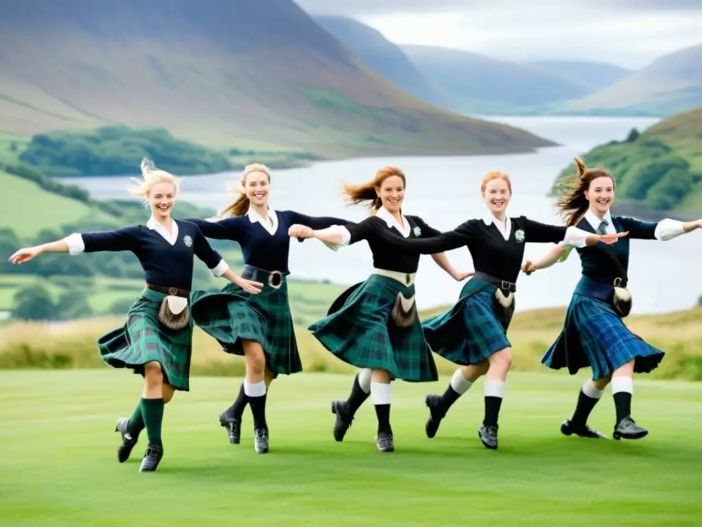 Danza tradicional escocesa Highland: Grupo de bailarines en kilts, realizan enérgica danza junto a un lago y colinas verdes