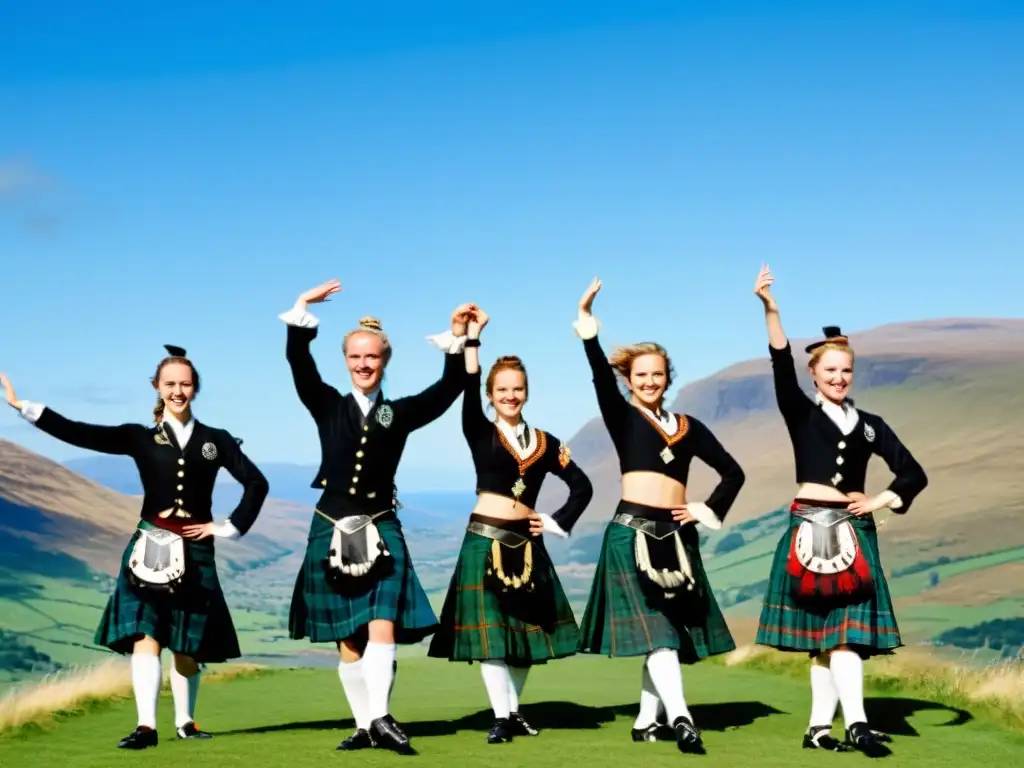 Danza tradicional escocesa Highland: Grupo de bailarines ejecutando pasos precisos y dinámicos en los impresionantes paisajes de las Tierras Altas