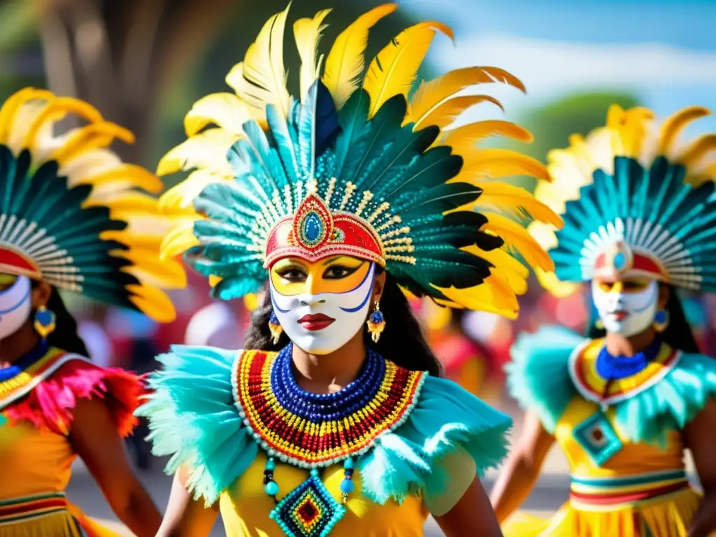 Danza tradicional El Garabato Barranquilla: Grupo de bailarines con trajes coloridos en el Carnaval, desbordando pasión y tradición colombiana