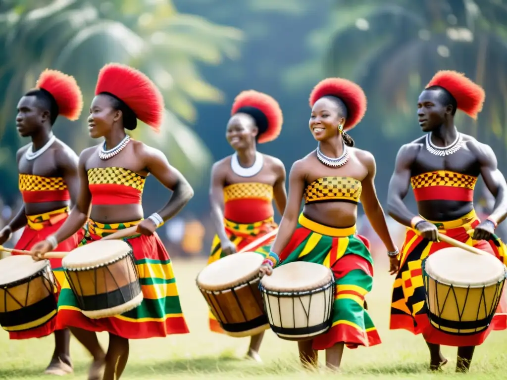 Vibrante danza Ewe: tradición y energía en Togo y Ghana Danza tradicional Ewe Togo Ghana: Grupo de bailarines Ewe en trajes vibrantes, moviéndose con gracia al ritmo de tambores en un claro soleado