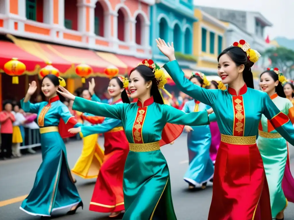 Danza tradicional Tet Nguyen Dan Vietnam: Grupo de artistas en Ao Dai, bailando con gracia y color en las calles festivas