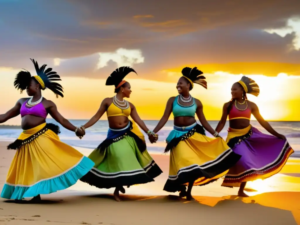 Danza tradicional garifuna en Centroamérica: Grupo de bailarines con trajes vibrantes bailando en la playa al atardecer, con el mar de fondo