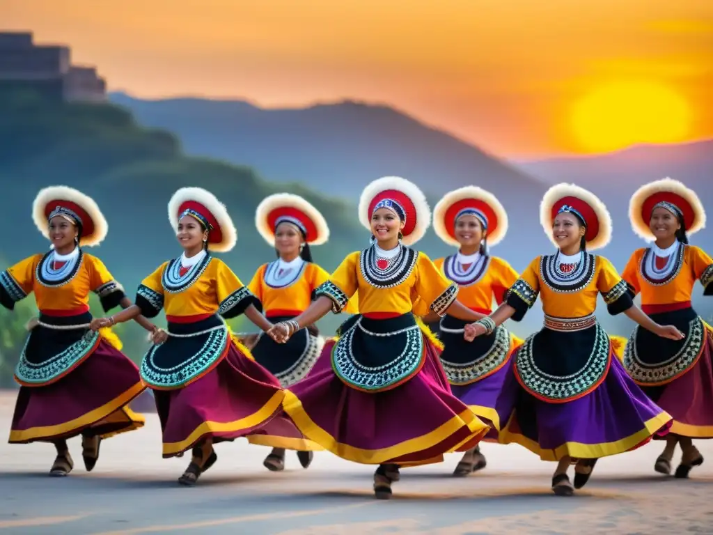 Danza tradicional: un grupo de bailarines con trajes vibrantes y detallados, moviéndose en armonía bajo el cielo