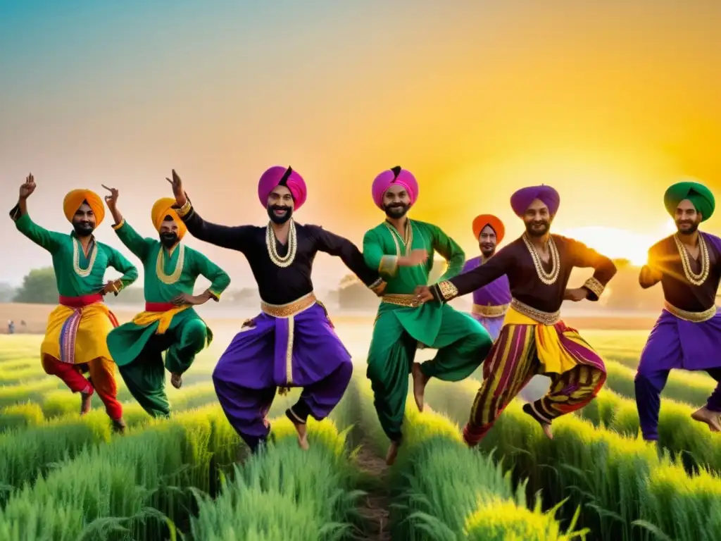 Bhangra danza tradicional Punjab: Grupo de bailarines vibrantes celebrando la cosecha en un campo de trigo al atardecer