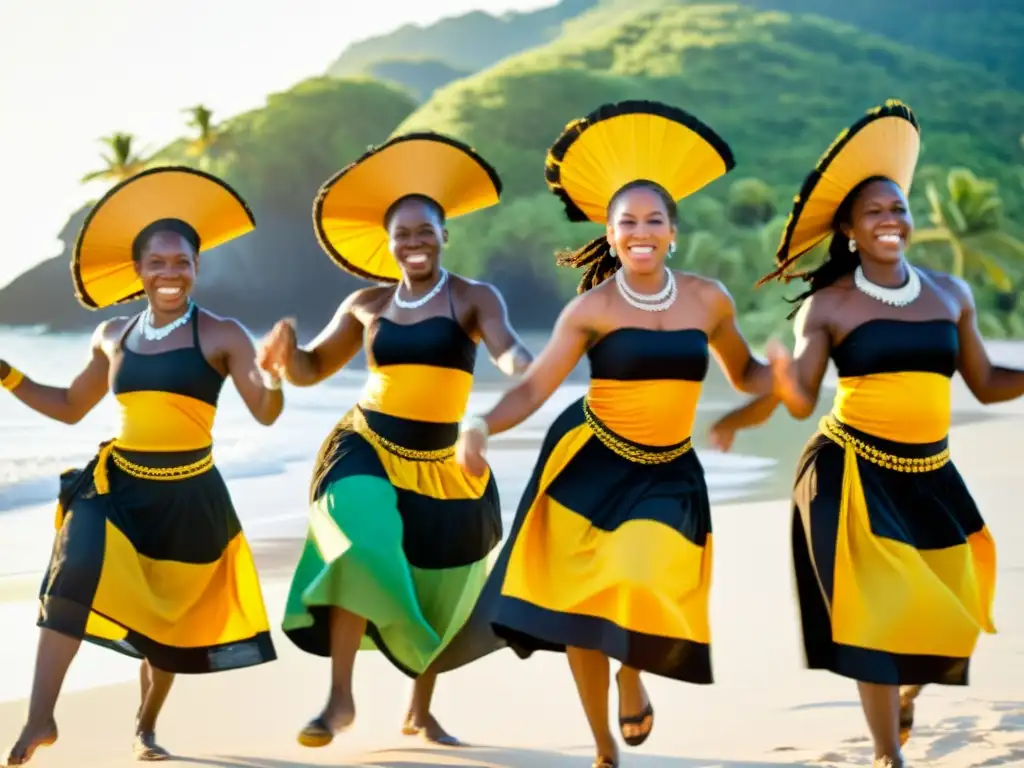 Danza tradicional garifuna en Centroamérica: Grupo bailando en la playa, expresando alegría y resistencia cultural