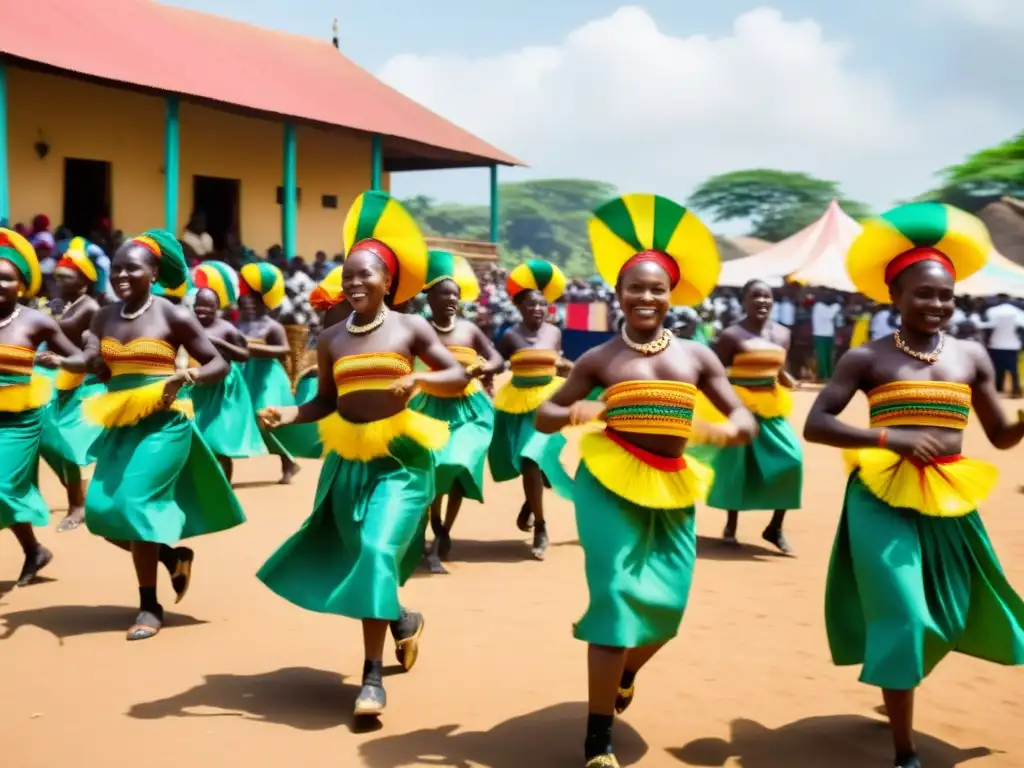 Danza tradicional Hondo de Camerún: Bailarines con trajes vibrantes danzan en una plaza soleada, rodeados de una multitud alegre