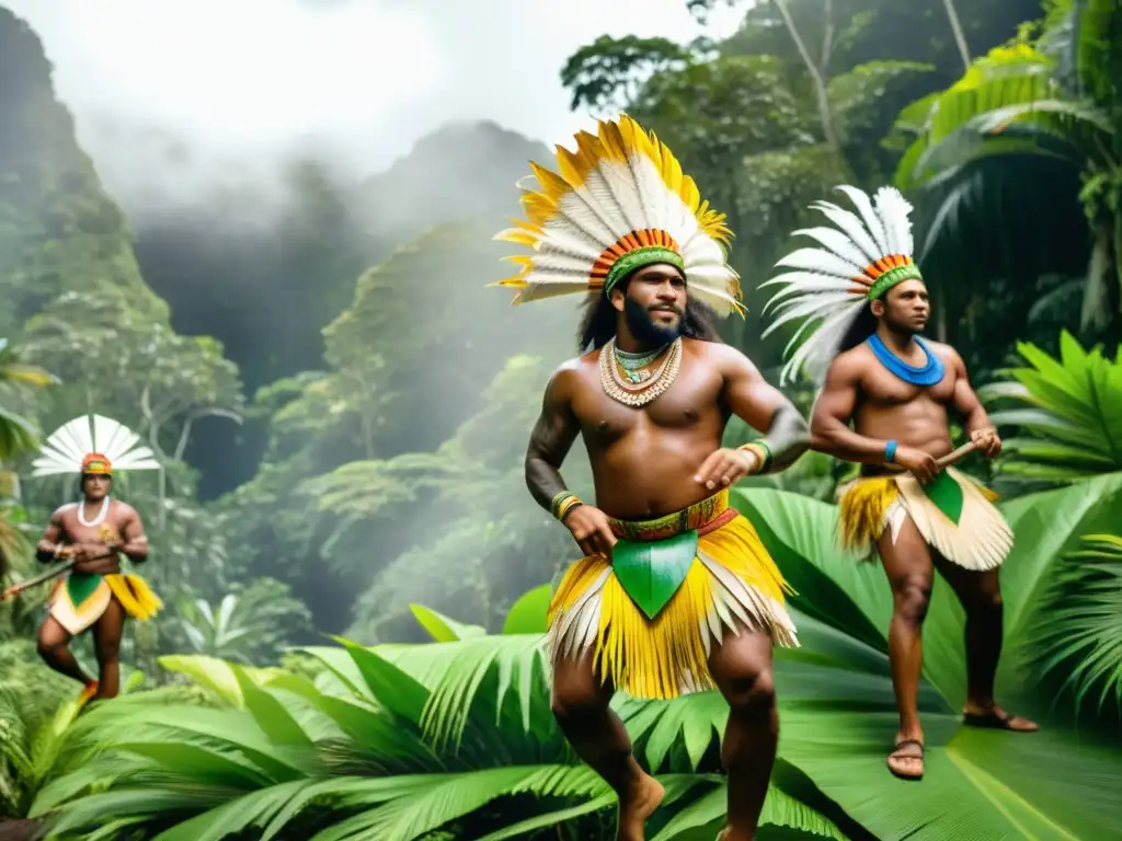 Danza tradicional de la Iguana de Fiyi en la selva tropical con bailarines indígenas, plumas y coloridos atuendos