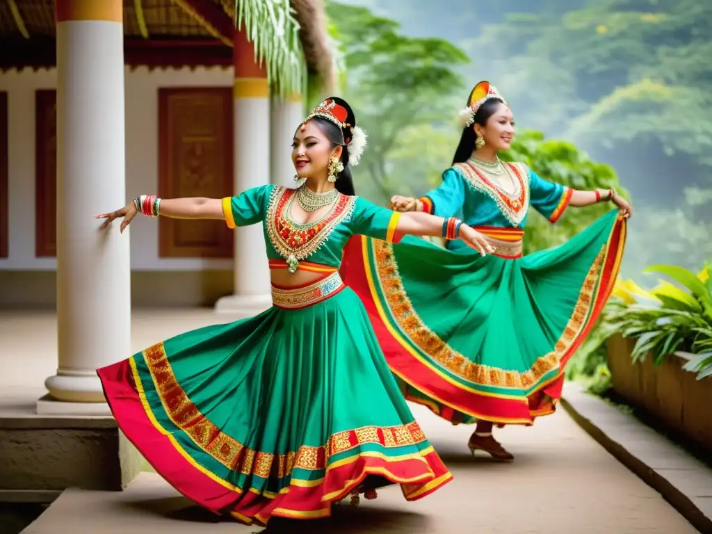 Danza tradicional impactante en entorno natural y arquitectónico, con trajes vibrantes y movimientos expresivos