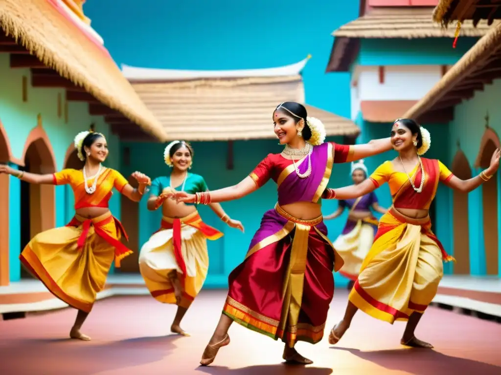 Danza tradicional Kolattam India: bailarines con trajes coloridos ejecutan movimientos rítmicos en un escenario vibrante y lleno de energía