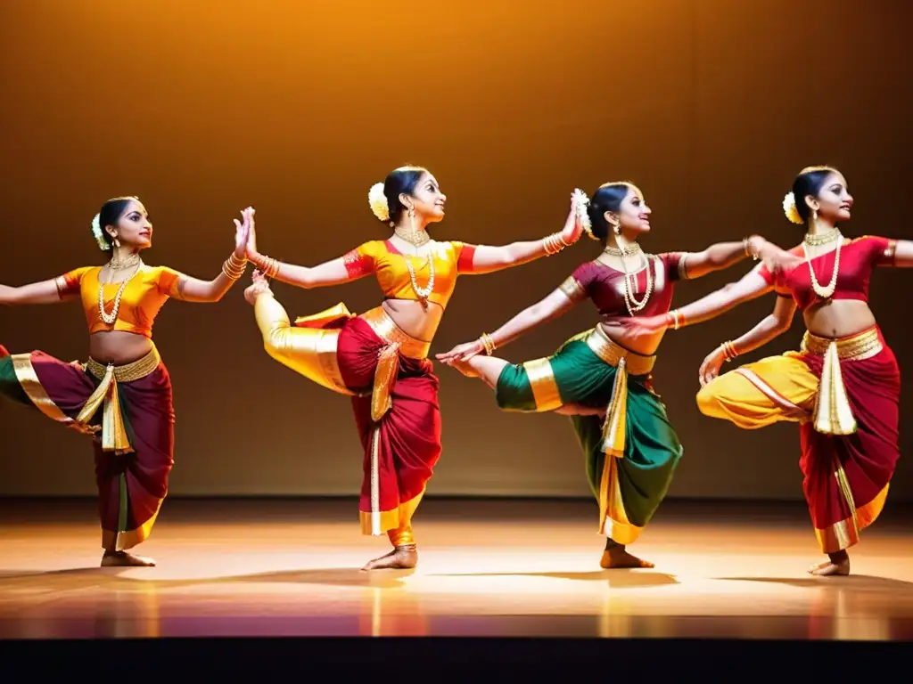 Bharatanatyam danza tradicional India: Grupo de bailarines con trajes vibrantes, ejecutando movimientos expresivos y gestos precisos en un escenario iluminado por luz cálida, transmitiendo historias de devoción y espiritualidad con gracia y elegancia