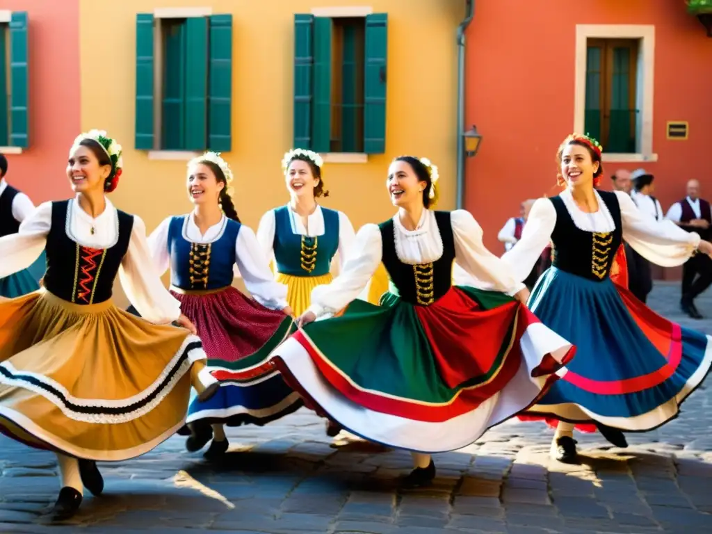 Danza tradicional italiana en la Festa della Taranta: coloridos trajes, baile animado y música vibrante en las calles empedradas al atardecer