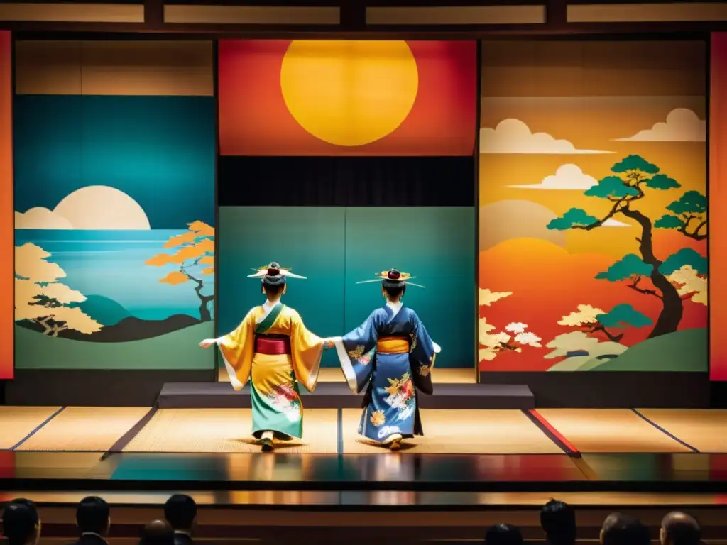 Danza tradicional en Japón: Escenario de Noh con artistas y audiencia admirando la gracia y precisión del baile japonés