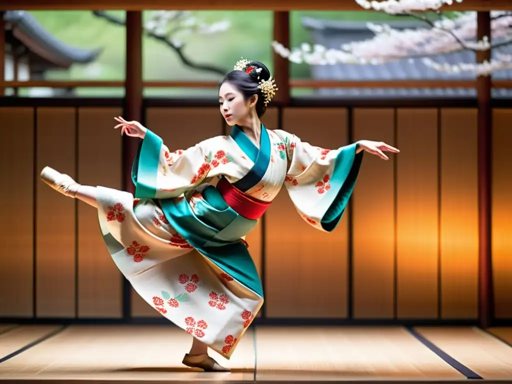 Danza tradicional japonesa Nihon Buyo: Bailarina en kimono vibrante ejecuta danza expresiva en escenario de madera adornado con motivos de cerezos en flor, mientras el público admira con reverencia