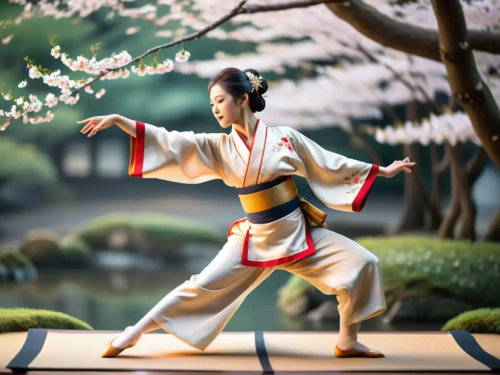 Danza tradicional japonesa Nihon Buyo: Exquisita presentación de una bailarina en kimono, bajo cerezos en flor, transmitiendo gracia y cultura