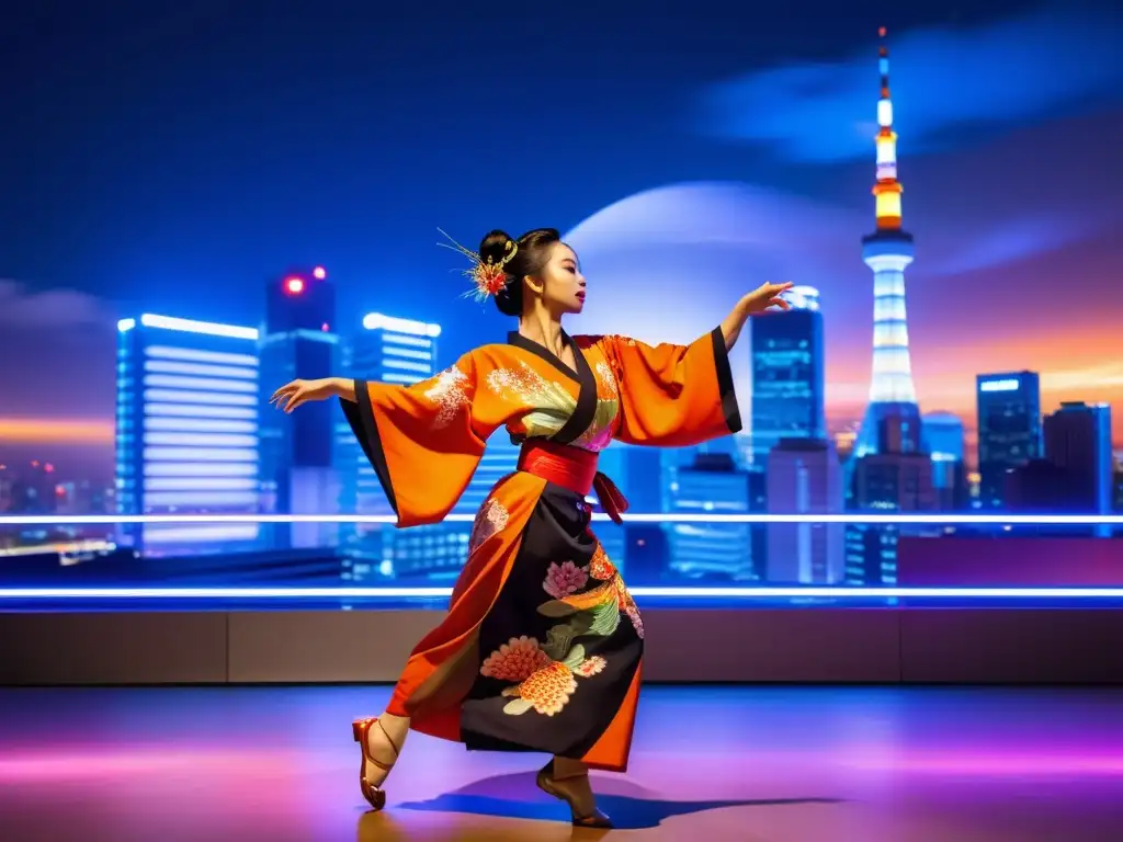 Danza tradicional japonesa modernidad: Bailarina con kimono, movimientos gráciles, fondo urbano de rascacielos y luces de neón