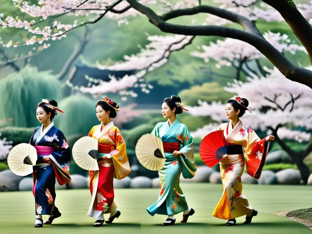 Danza tradicional japonesa modernidad: Grupo de bailarinas con kimonos vibrantes y abanicos, realizando movimientos elegantes en un jardín con cerezos en flor