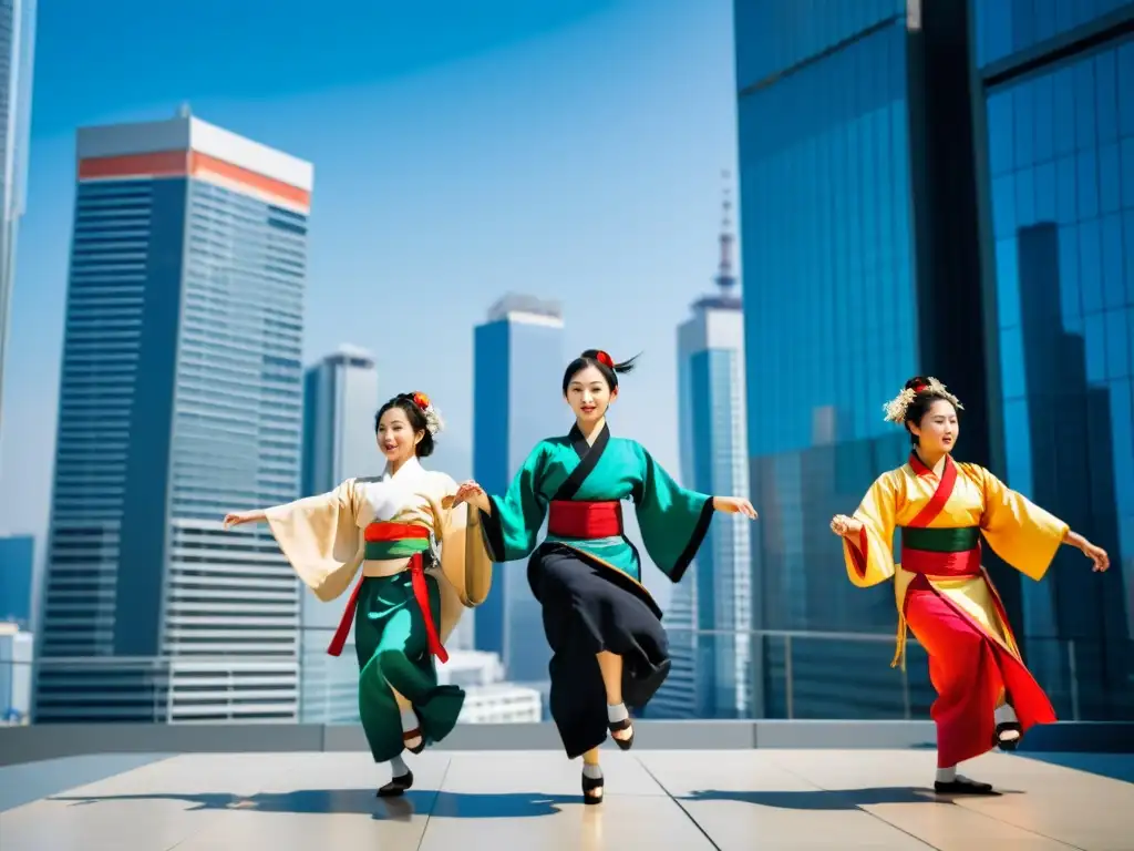 Danza tradicional japonesa modernidad: Troupe de baile japonés tradicional en un escenario urbano moderno, fusionando lo antiguo y lo contemporáneo