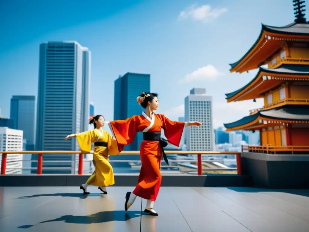 Una danza tradicional japonesa se fusiona con la modernidad urbana, mostrando la influencia duradera de la danza japonesa en la cultura moderna