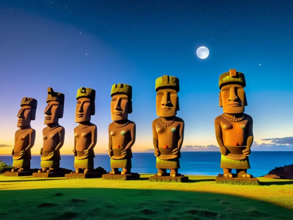 Danza tradicional Rapa Nui bajo la luna, con danzantes y moai en vibrante escena nocturna