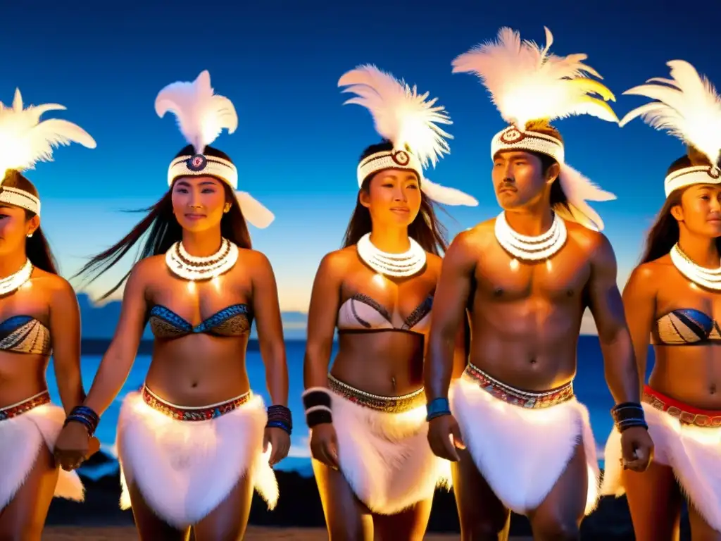 Danza tradicional Rapa Nui bajo la luna: grupo de bailarines con trajes coloridos, movimientos gráciles y atmósfera mágica