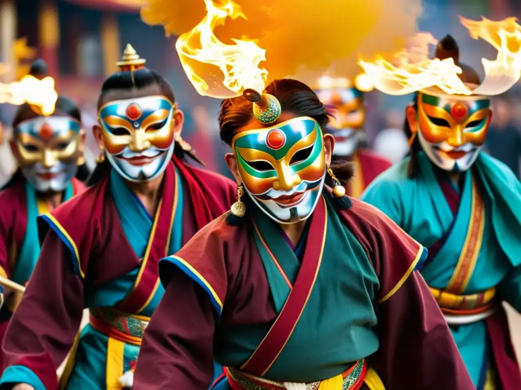 Danza tradicional con máscaras tibetanas representando figuras mitológicas, envueltos en una atmósfera etérea y mística