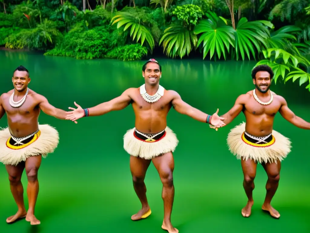 Danza tradicional Meke de Fiji: Grupo de bailarines fijianos con trajes tradicionales y pinturas corporales, danzando al ritmo de tambores en un exuberante paisaje tropical