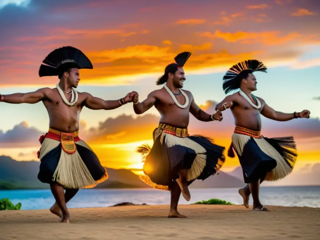 Danza tradicional Meke de Fiji: Grupo de bailarines fijianos ejecutando la danza Meke al atardecer, deslumbrando con sus trajes y movimientos