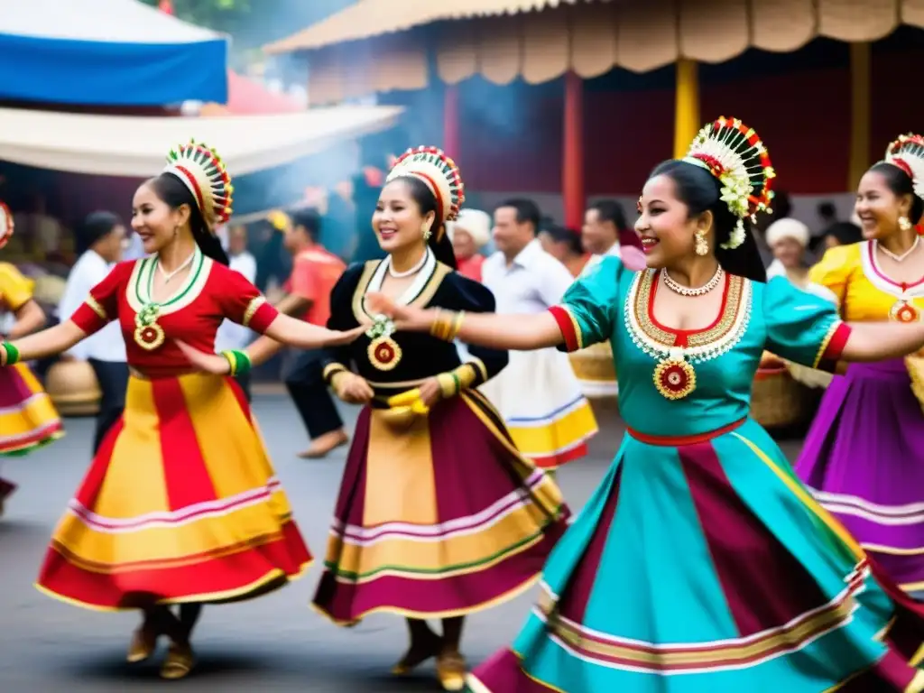 Danza tradicional en mercado abierto, colores vibrantes, movimientos enérgicos, comida tradicional y ambiente dinámico