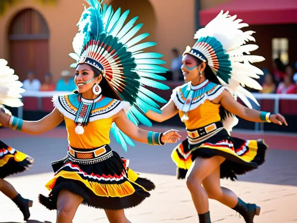 Danza tradicional mexicana concheros: Vibrante exhibición de color y energía en la plaza al atardecer, con danzantes y espectadores