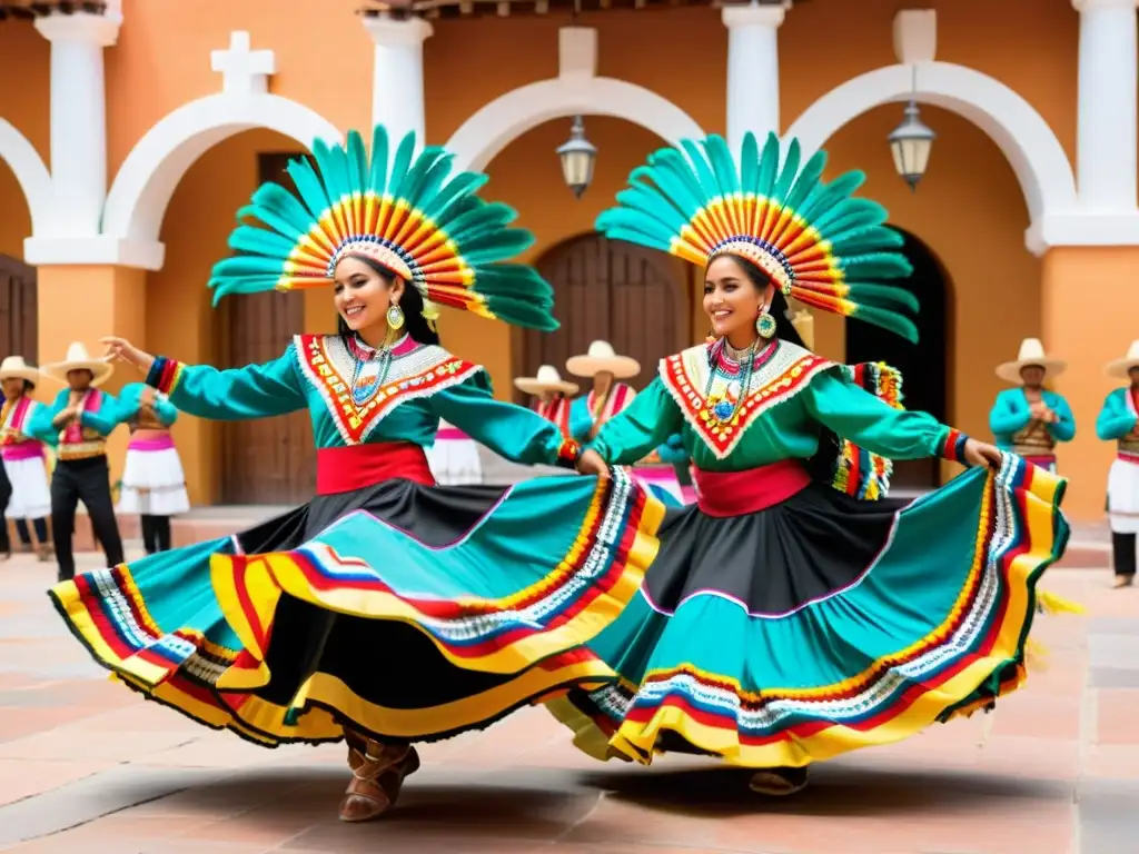 Danza tradicional mexicana concheros bailando con energía y color en la plaza del pueblo, capturando la rica herencia cultural