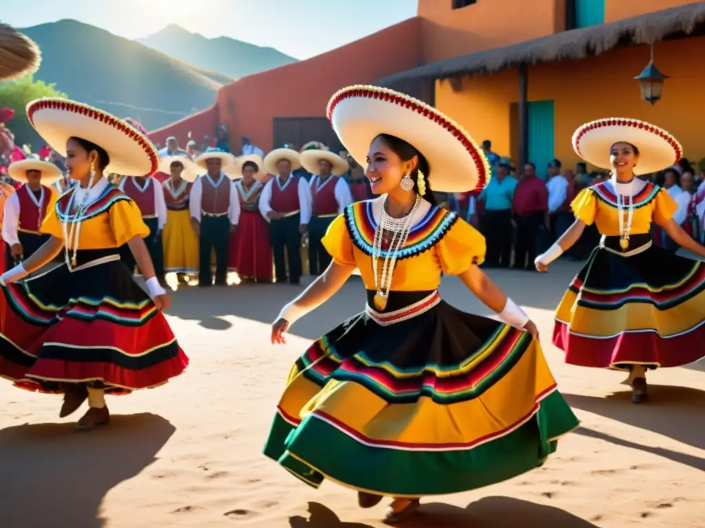 Danza tradicional mexicana concheros bailando al atardecer con trajes vibrantes y energía cultural