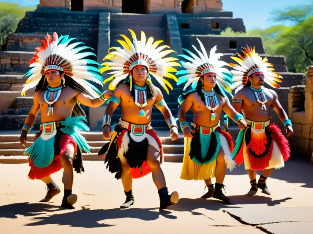 Danza tradicional mexicana concheros en ruinas antiguas, con trajes coloridos y plumas, en un claro soleado